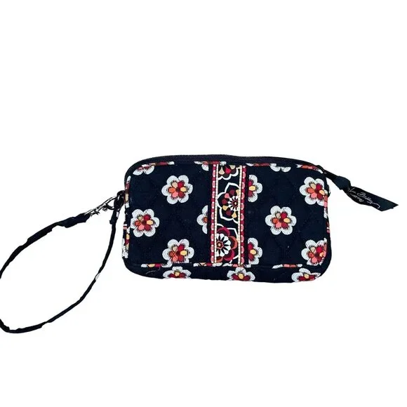 Vera Bradley wallet wristlet black floral print quilted rectangular 2 pockets - Picture 1 of 7